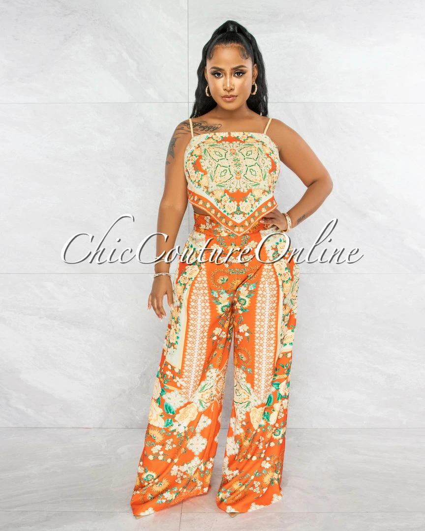Vendor-unknown Crevan Orange Multi-Color Print Top & Wide Pants Set JUST IN