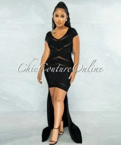 Vendor-unknown JUST IN Martinez Black Mesh Stripes Bandage Hi-Lo Dress