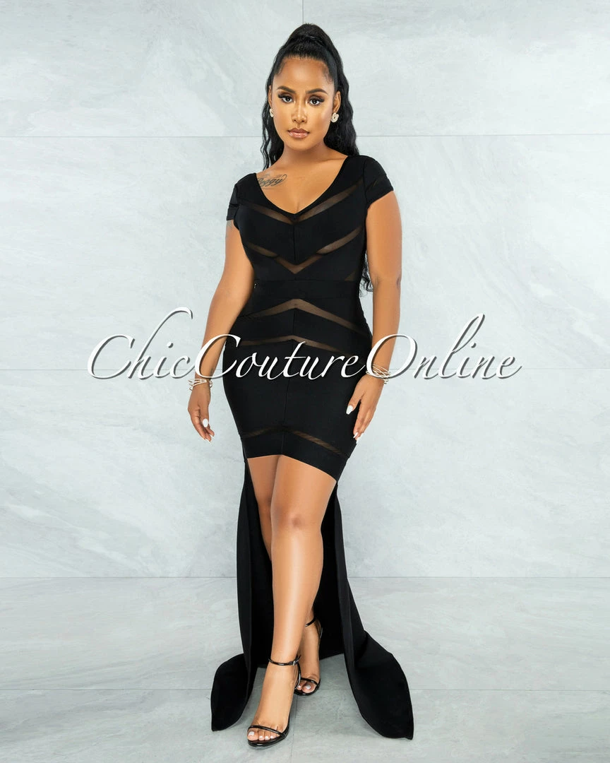 Vendor-unknown JUST IN Martinez Black Mesh Stripes Bandage Hi-Lo Dress