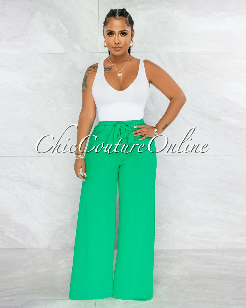 Vendor-unknown JUST IN Chairo Kelly Green Self-Tie Wait Wide Legs Pants