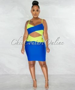 Chic Couture Online Marshae Blue Neon Lime Two-Tone Bandage Two Piece Set