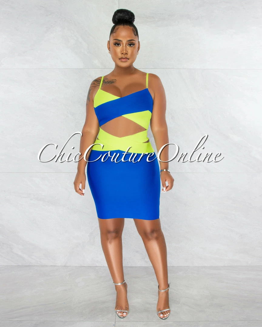 Chic Couture Online Marshae Blue Neon Lime Two-Tone Bandage Two Piece Set