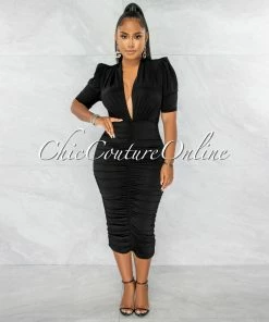 Chic Couture Online JUST IN Sandy Black Deep V-Neck Padded Shoulders Midi Dress