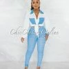 Chic Couture Online JUST IN Fuller White Blue Tie Top & Blue Leggings Set