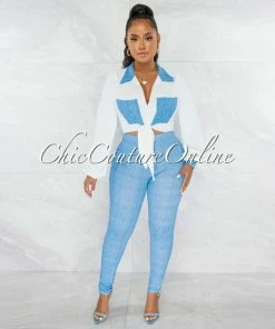 Chic Couture Online JUST IN Fuller White Blue Tie Top & Blue Leggings Set