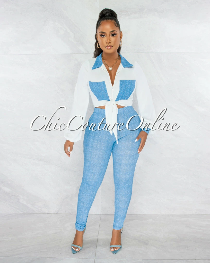 Chic Couture Online JUST IN Fuller White Blue Tie Top & Blue Leggings Set
