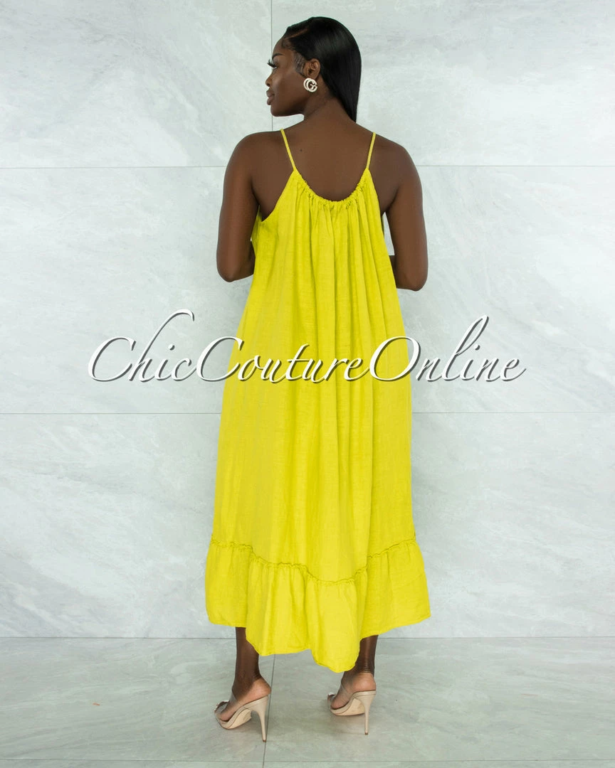 Vendor-unknown JUST IN Nassar Lime Braid Straps Ruffle Hem Maxi LINEN Dress