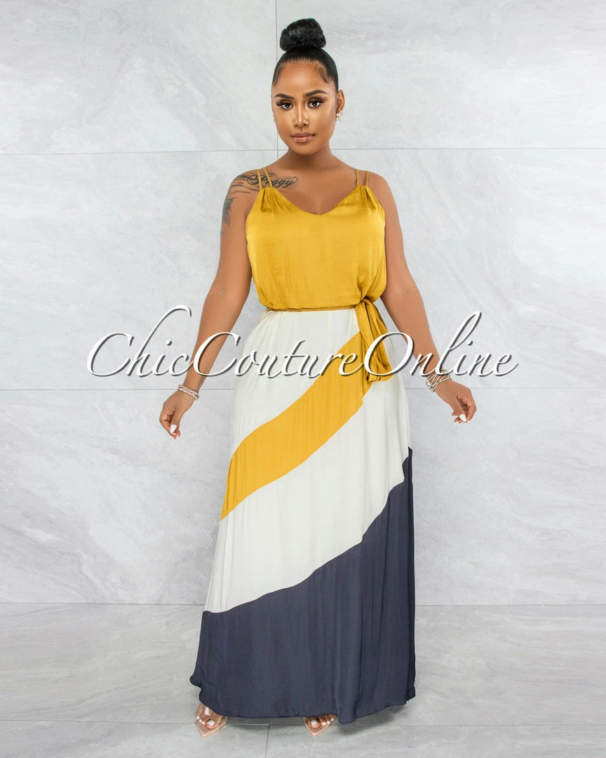 Vendor-unknown Merida Mustard Ivory Grey Block Color Maxi Dress JUST IN