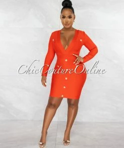 Chic Couture Online Omega Red Gold Buttons Décor Bandage Dress