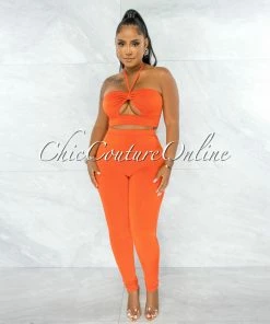 Chic Couture Online Hudel Orange Bust Key-Hole Crop Top & Double Lined Leggings Set JUST IN