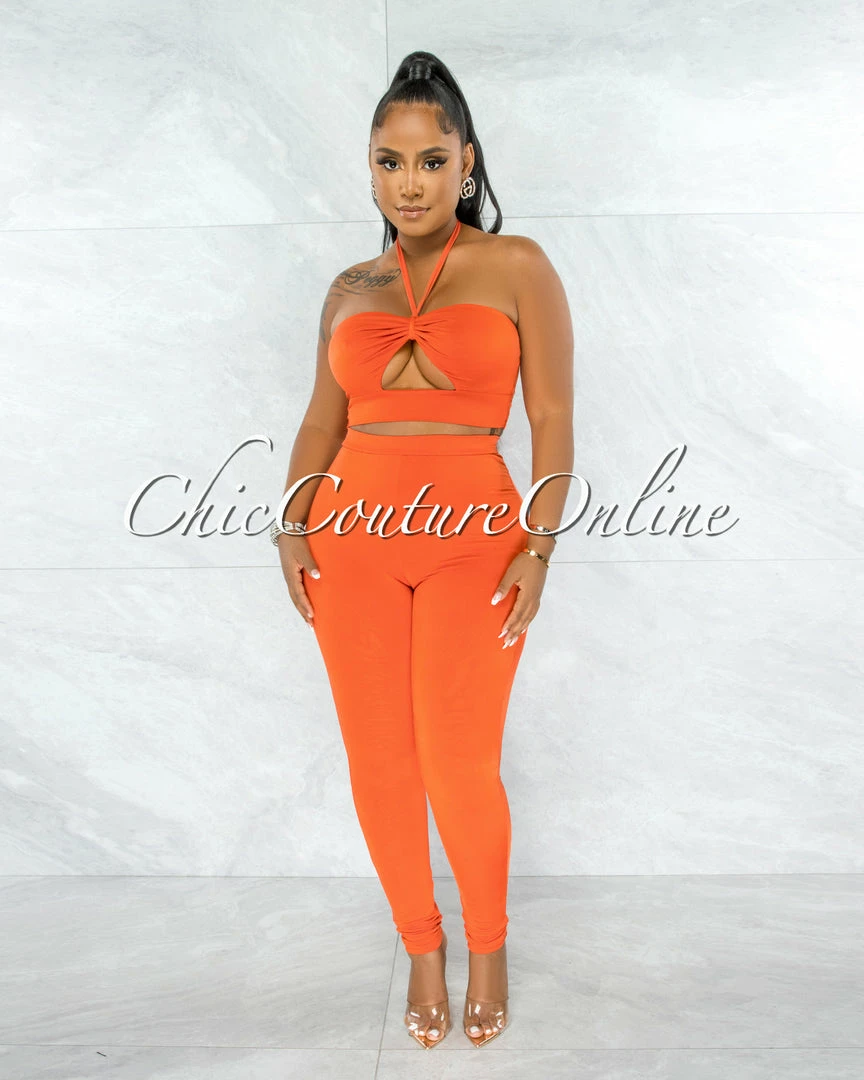 Chic Couture Online Hudel Orange Bust Key-Hole Crop Top & Double Lined Leggings Set JUST IN