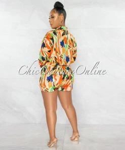 Chic Couture Online Maiva Orange Multi-Color Print Top & Shorts Pajama Silky Set JUST IN