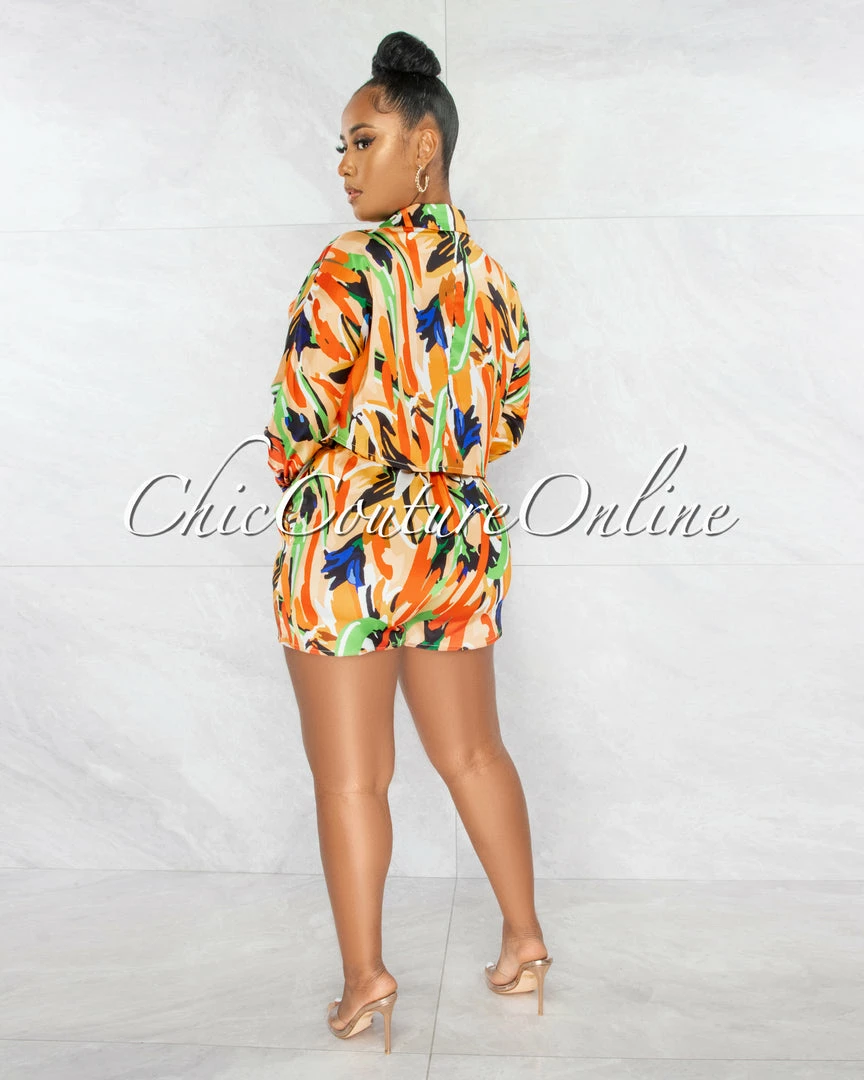 Chic Couture Online Maiva Orange Multi-Color Print Top & Shorts Pajama Silky Set JUST IN