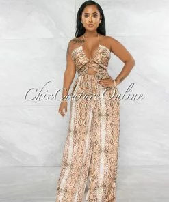 Vendor-unknown Gusty Brown Snake Print Lace-Up Satin Jumpsuit JUST IN