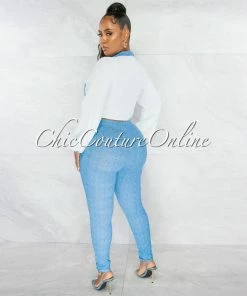 Chic Couture Online JUST IN Fuller White Blue Tie Top & Blue Leggings Set