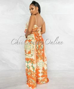 Vendor-unknown Crevan Orange Multi-Color Print Top & Wide Pants Set JUST IN
