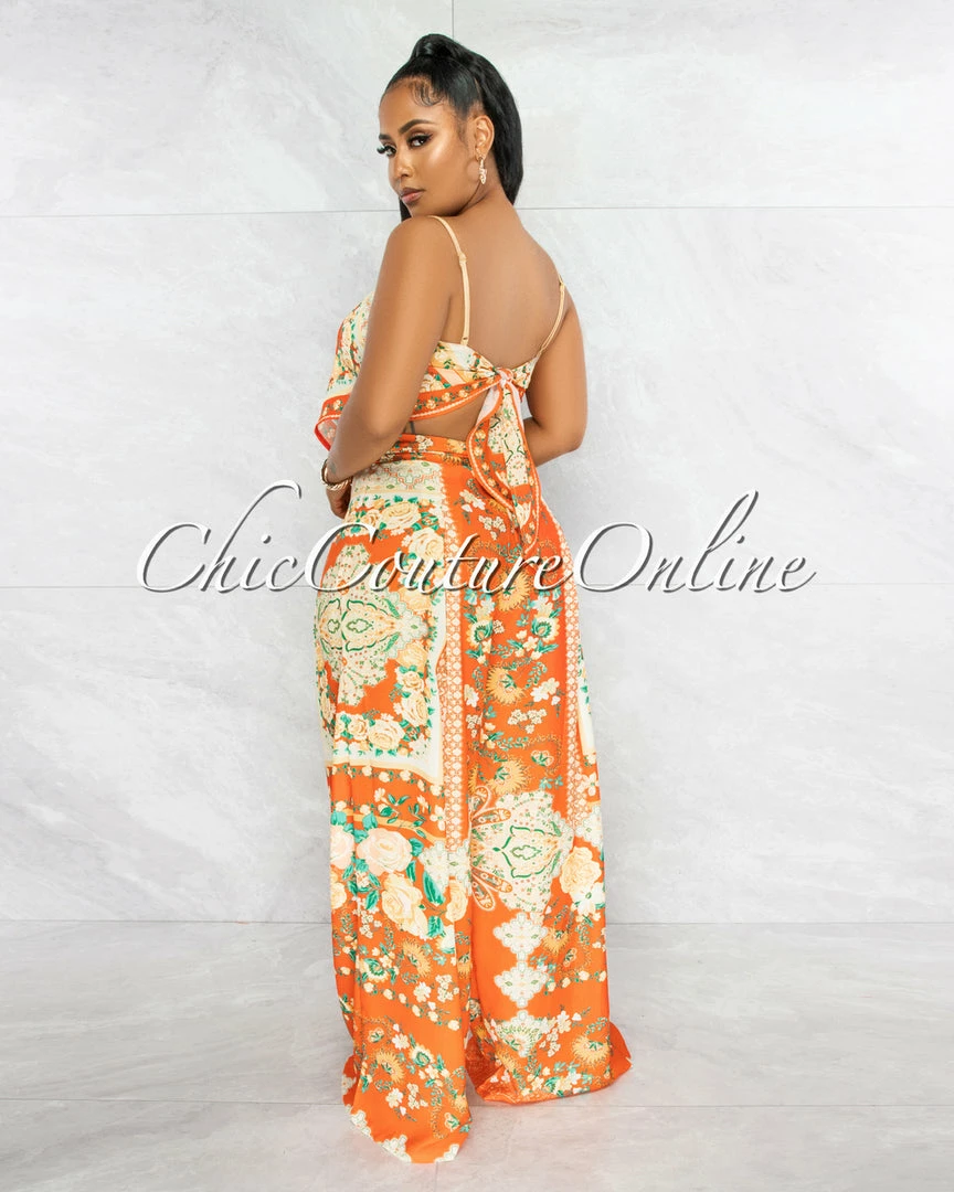 Vendor-unknown Crevan Orange Multi-Color Print Top & Wide Pants Set JUST IN