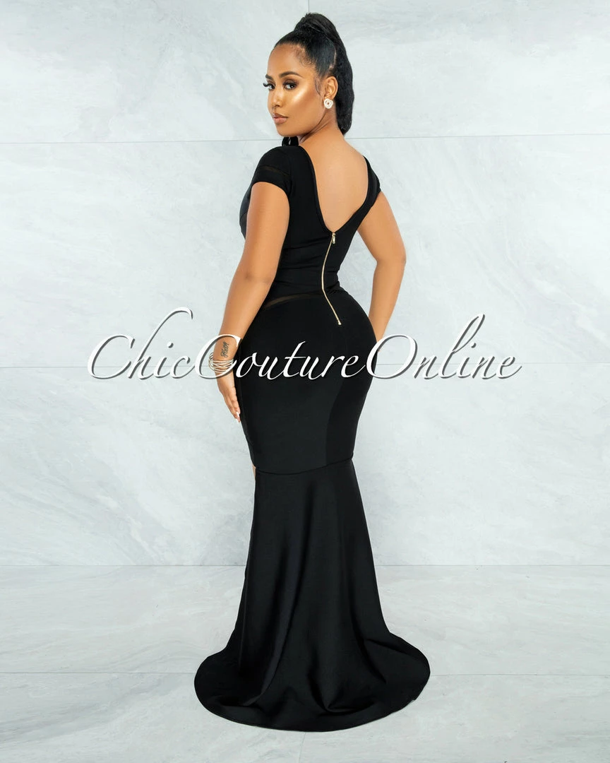 Vendor-unknown JUST IN Martinez Black Mesh Stripes Bandage Hi-Lo Dress