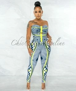 Chic Couture Online JUST IN Lynna Navy Blue Green Crop Top & Corset Style Leggings Set