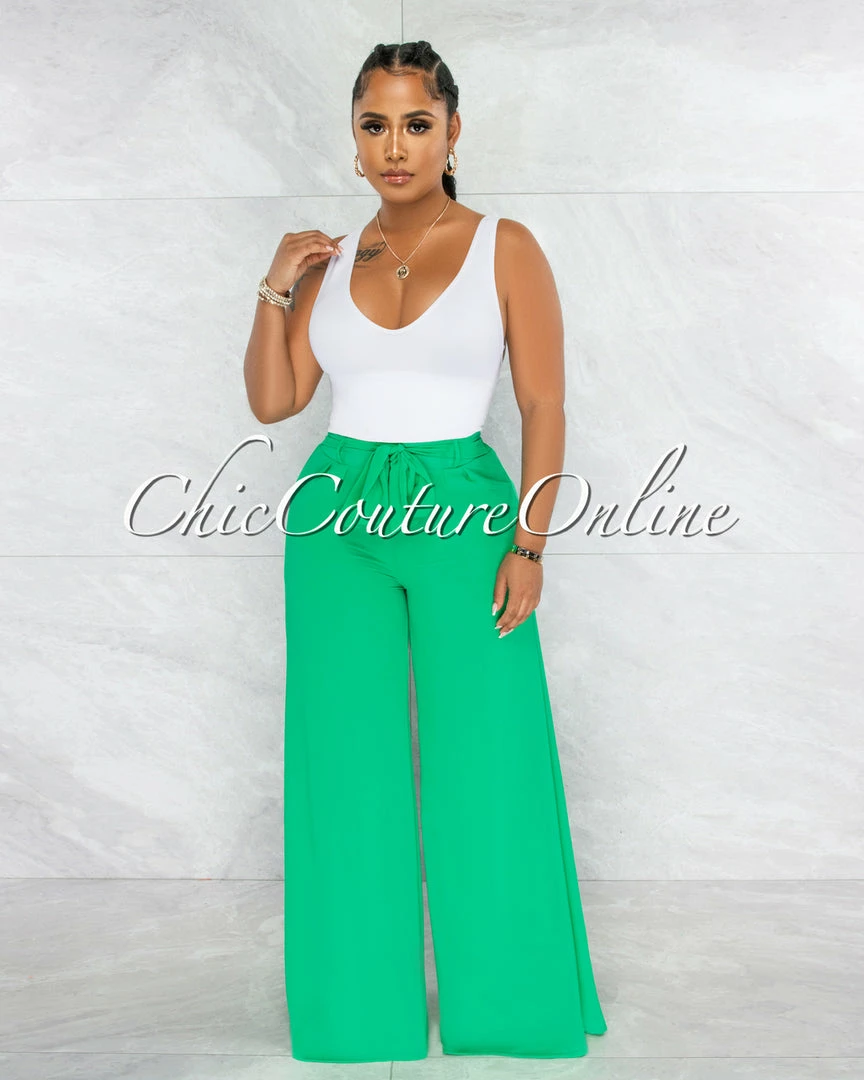 Vendor-unknown JUST IN Chairo Kelly Green Self-Tie Wait Wide Legs Pants