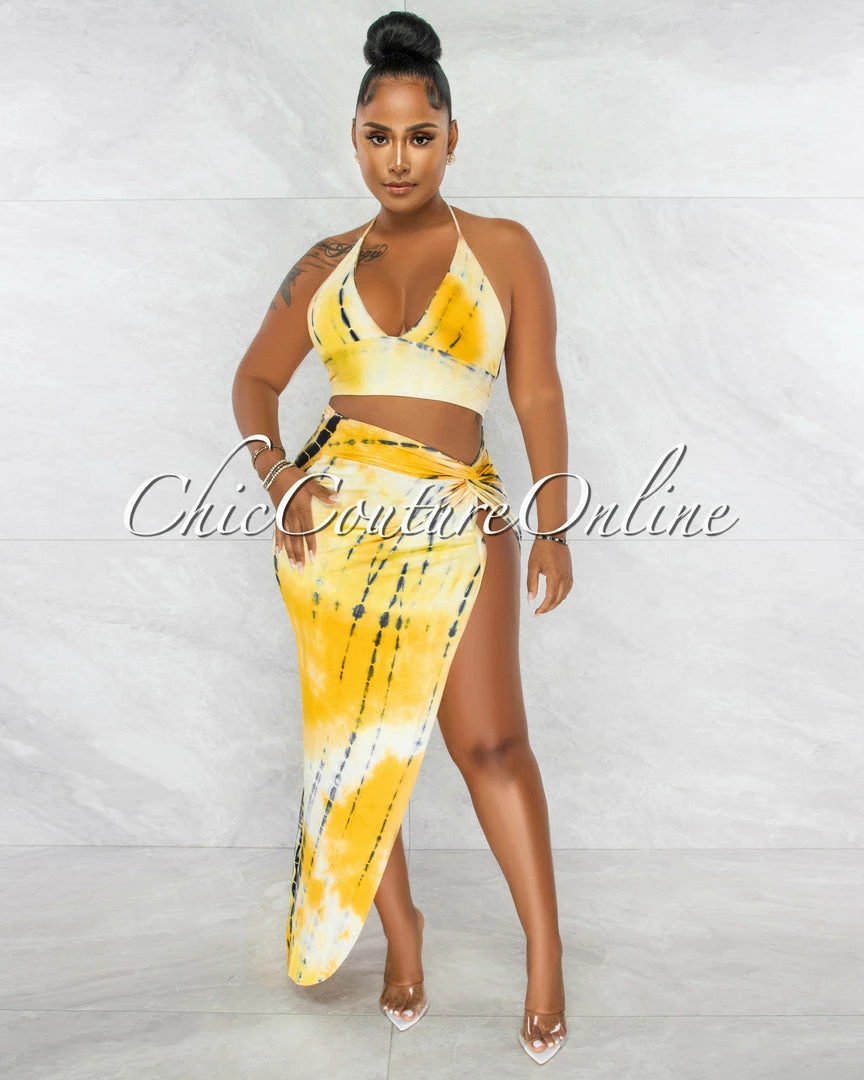 Chic Couture Online JUST IN Alysia Yellow Tie-Dye Crop Top & Maxi Slit Skirt Set