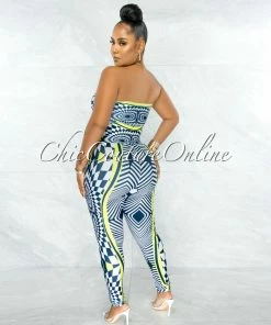 Chic Couture Online JUST IN Lynna Navy Blue Green Crop Top & Corset Style Leggings Set