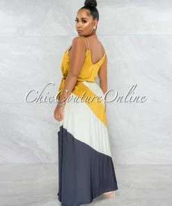 Vendor-unknown Merida Mustard Ivory Grey Block Color Maxi Dress JUST IN