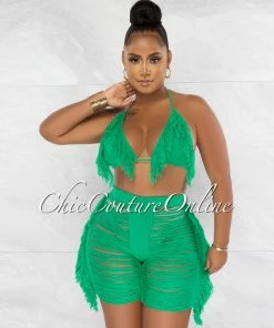 Chic Couture Online JUST IN Columbia Green Crochet Fringe Cover-Up Shorts Set