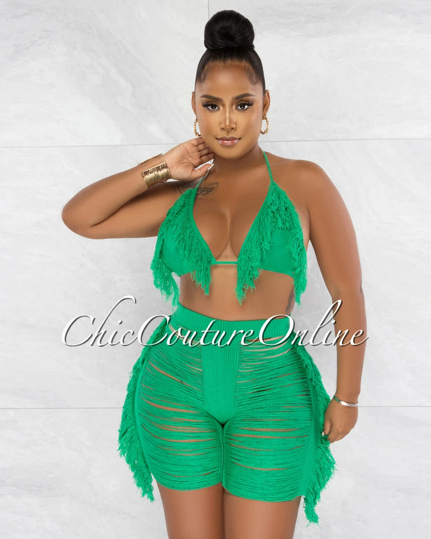 Chic Couture Online JUST IN Columbia Green Crochet Fringe Cover-Up Shorts Set
