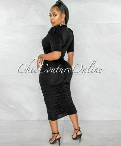 Chic Couture Online JUST IN Sandy Black Deep V-Neck Padded Shoulders Midi Dress