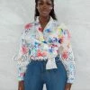 Vendor-unknown Santana White Multi-Color Print Front Tie Blouse