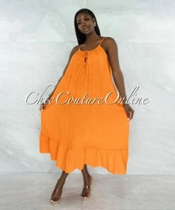 Vendor-unknown JUST IN Nassar Orange Braid Straps Ruffle Hem Maxi LINEN Dress