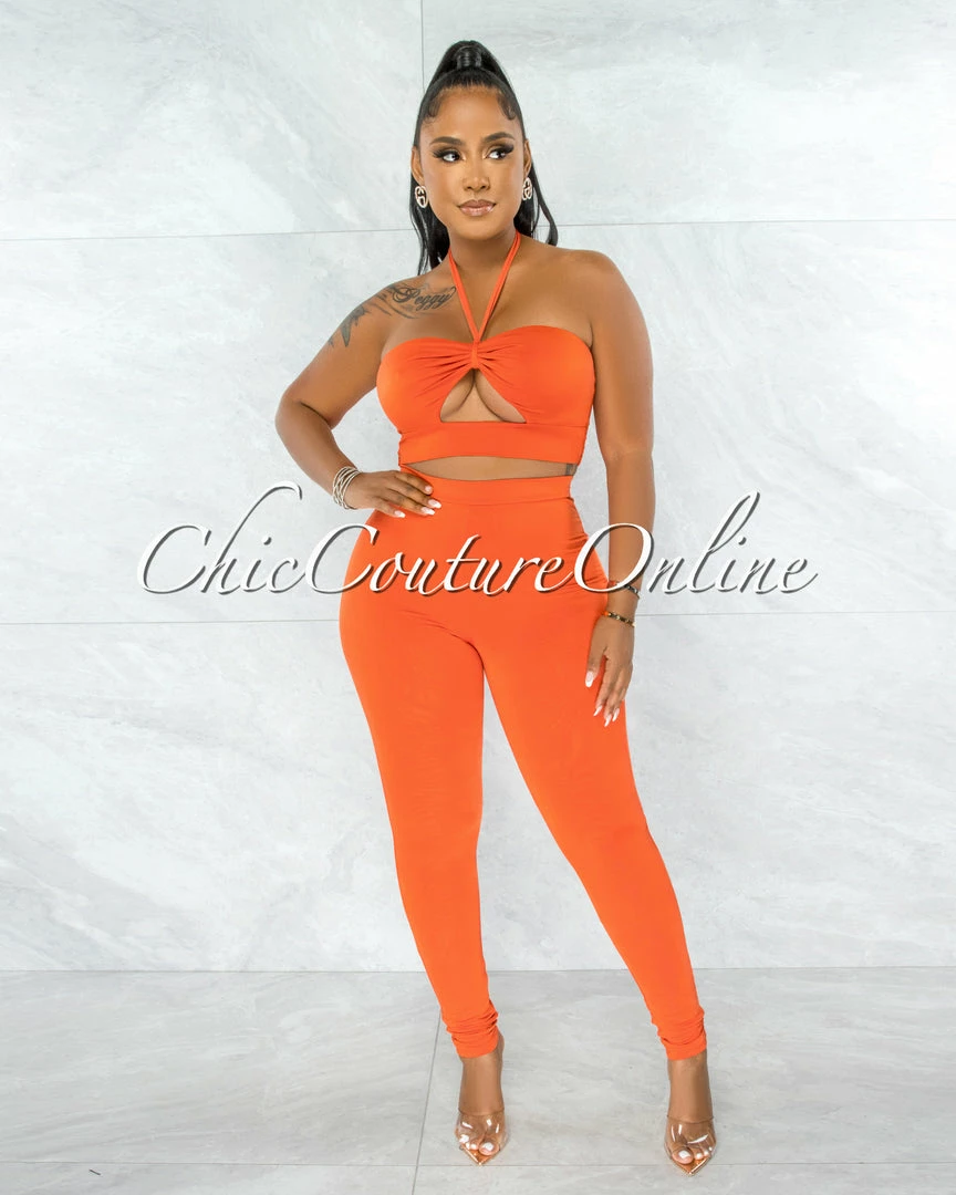Chic Couture Online Hudel Orange Bust Key-Hole Crop Top & Double Lined Leggings Set JUST IN
