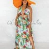 Chic Couture Online Fergie Turquoise Floral Print O-Ring Cut-Out Maxi Bodysuit Dress