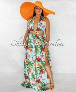 Chic Couture Online Fergie Turquoise Floral Print O-Ring Cut-Out Maxi Bodysuit Dress