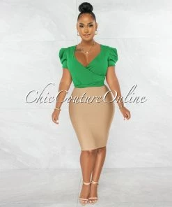 Chic Couture Online Sharlyn Green Waist Tie Puffy Sleeves Crop Top