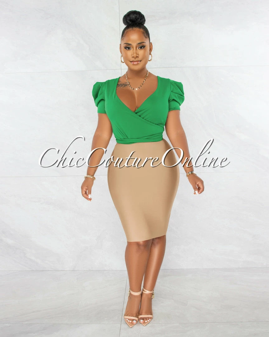 Chic Couture Online Sharlyn Green Waist Tie Puffy Sleeves Crop Top