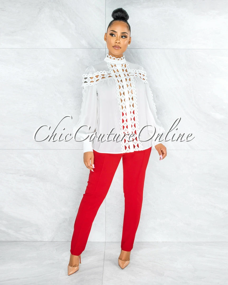 Vendor-unknown JUST IN Zerelda Off-White Crochet Accent Buttoned Sheer Blouse