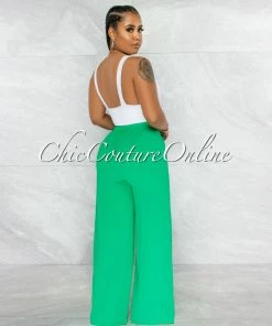 Vendor-unknown JUST IN Chairo Kelly Green Self-Tie Wait Wide Legs Pants