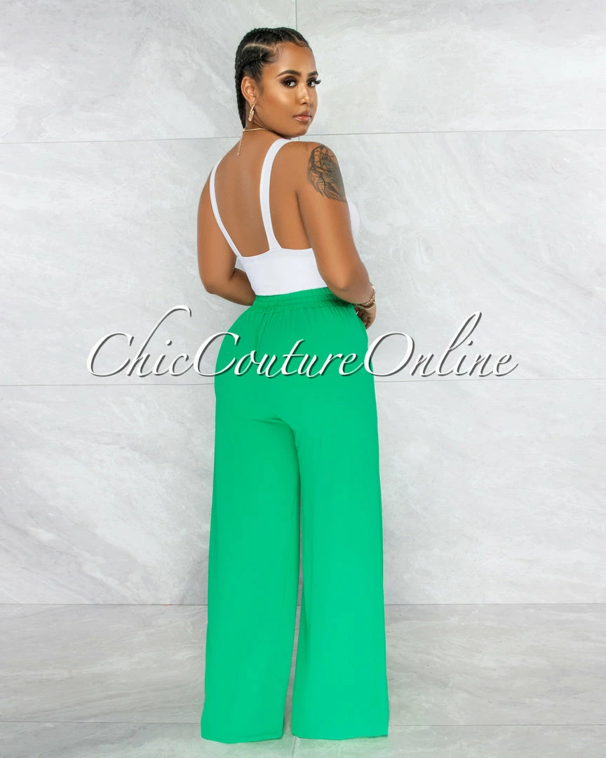 Vendor-unknown JUST IN Chairo Kelly Green Self-Tie Wait Wide Legs Pants