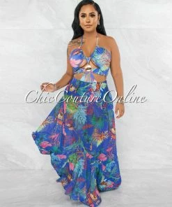 Vendor-unknown Jasper Blue Multi-Color Print Gold Accent Maxi Dress