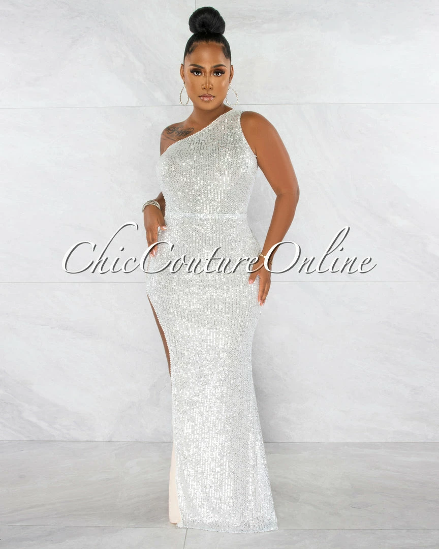 Vendor-unknown JUST IN Trinity Nude Silver Sequins Pearl Mesh Side Maxi Dress