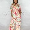 Chic Couture Online Tanysa Salmon Floral Print Waist Tie Silky Jumpsuit JUST IN