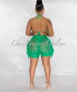 Chic Couture Online JUST IN Columbia Green Crochet Fringe Cover-Up Shorts Set