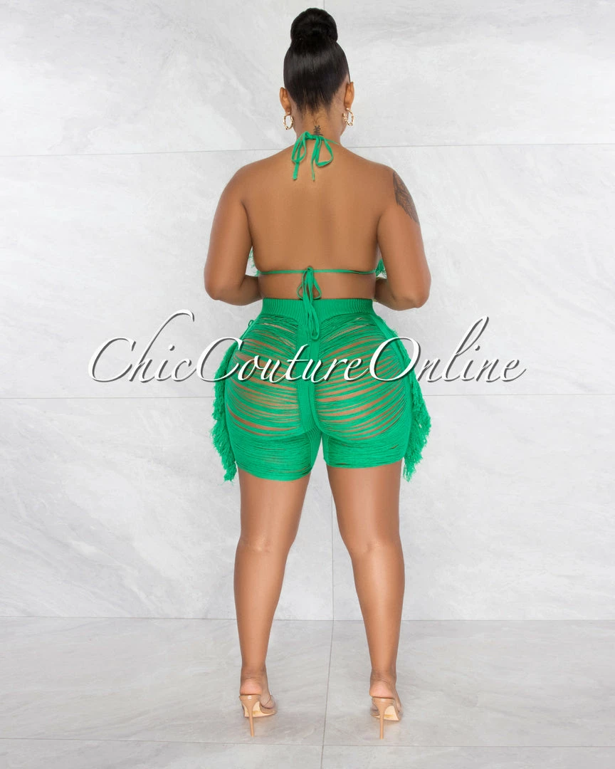 Chic Couture Online JUST IN Columbia Green Crochet Fringe Cover-Up Shorts Set