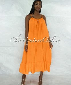 Vendor-unknown JUST IN Nassar Orange Braid Straps Ruffle Hem Maxi LINEN Dress