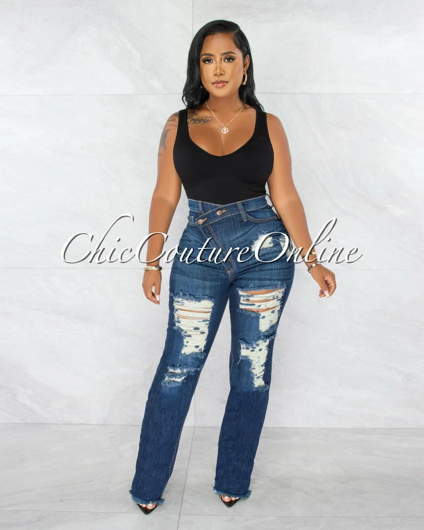 Chic Couture Online Herra Dark Blue Denim Destroyed Boyfriend Jeans JUST IN