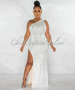 Vendor-unknown JUST IN Trinity Nude Silver Sequins Pearl Mesh Side Maxi Dress