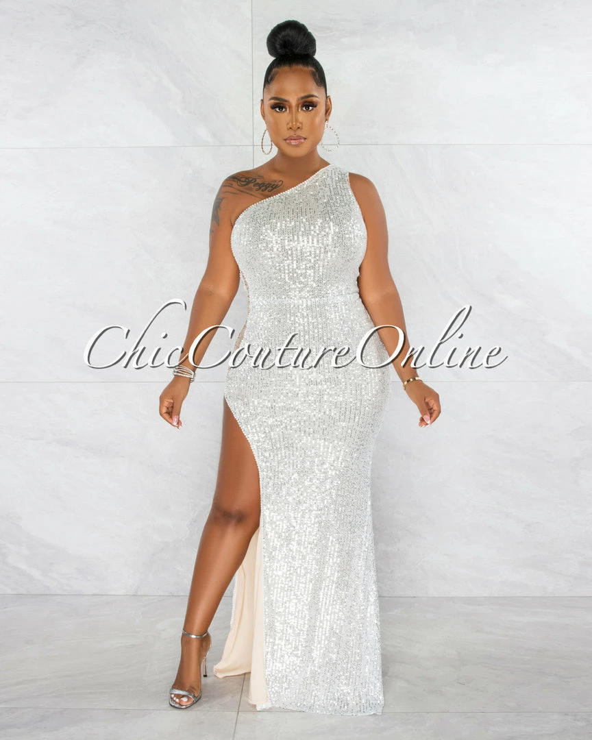 Vendor-unknown JUST IN Trinity Nude Silver Sequins Pearl Mesh Side Maxi Dress