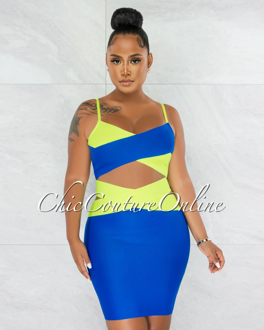 Chic Couture Online Marshae Blue Neon Lime Two-Tone Bandage Two Piece Set
